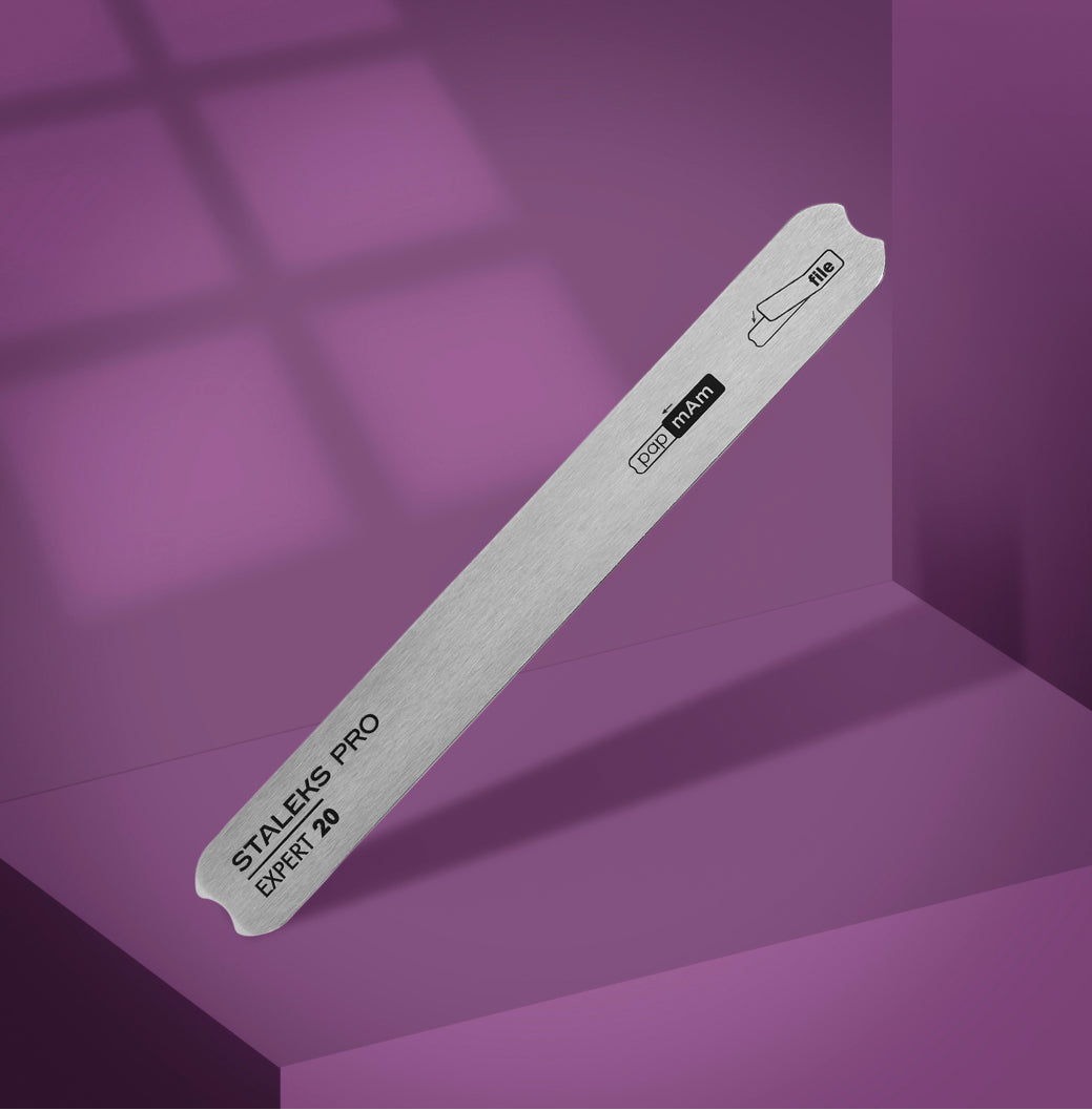 Stainless steel nail file for manicure, Staleks Pro Expert 20, on purple background