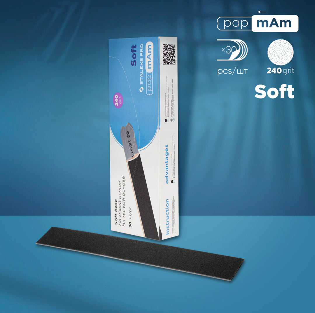 240 grit nail file replacement pads for manicure, black strip, with packaging on blue background