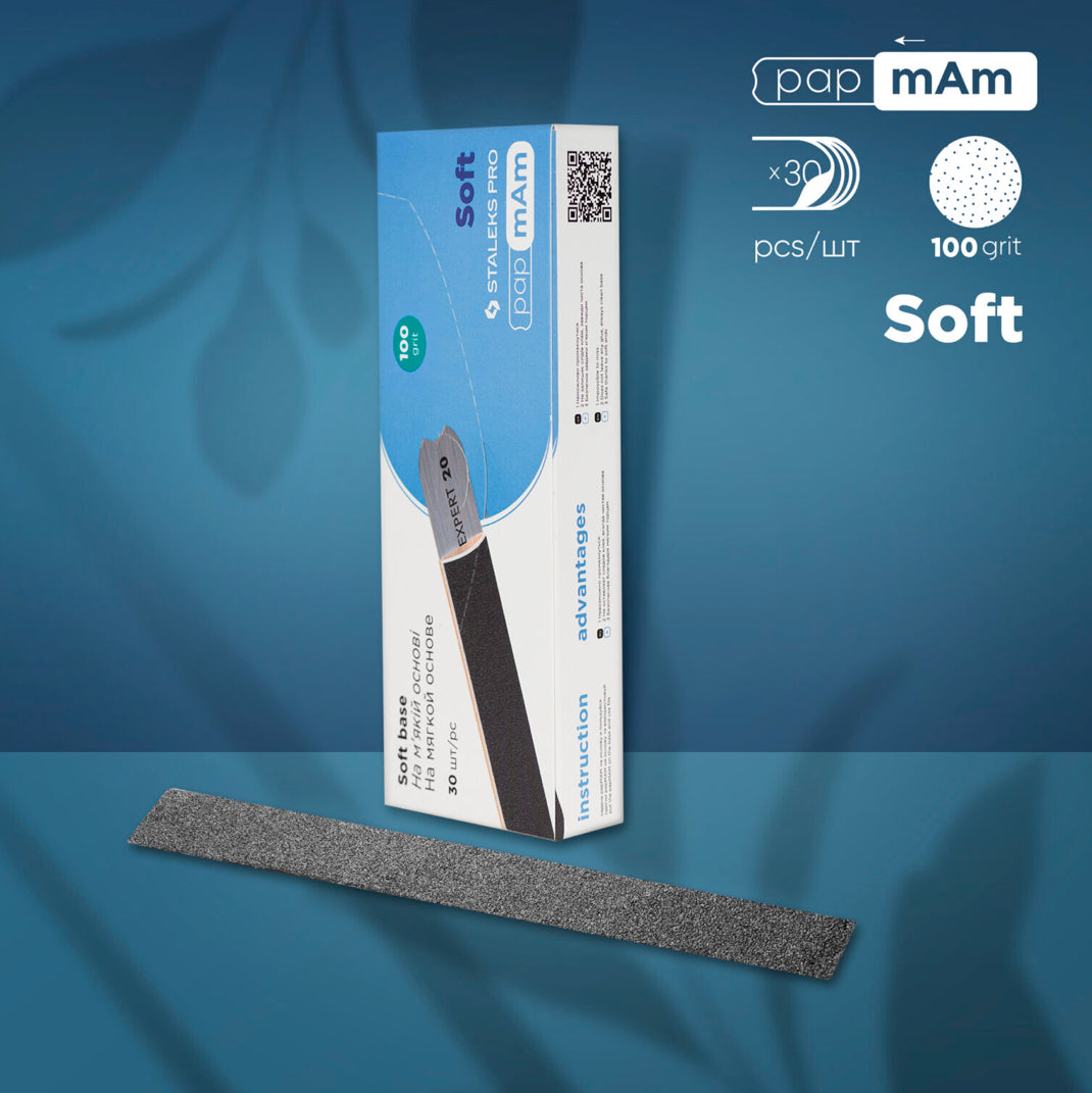 Staleks Pro soft nail file 100 grit, 30 pack, for manicure, displayed on blue background