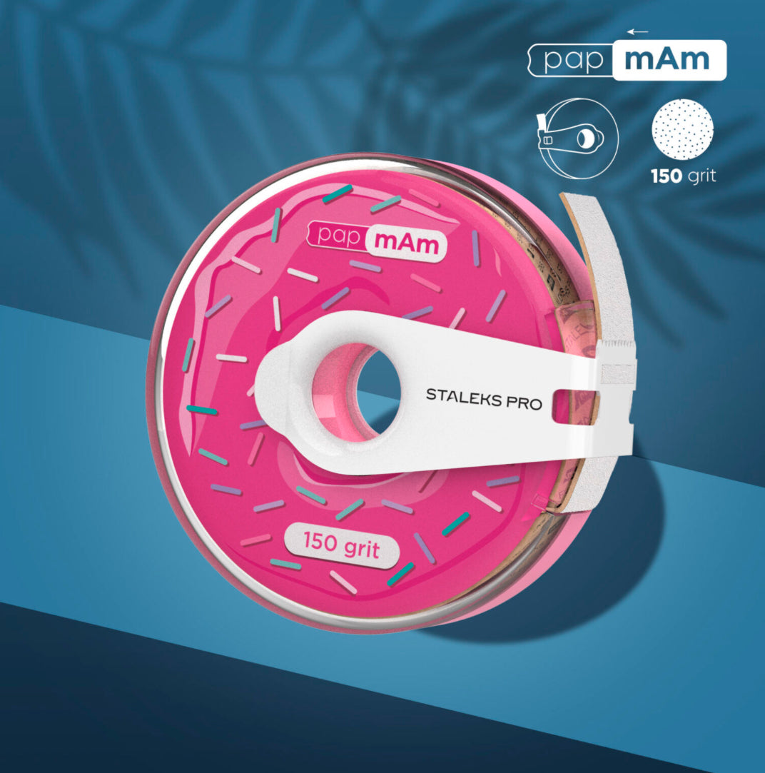 Staleks Pro 150 grit pap mAm nail file roll with pink donut-themed design on blue background