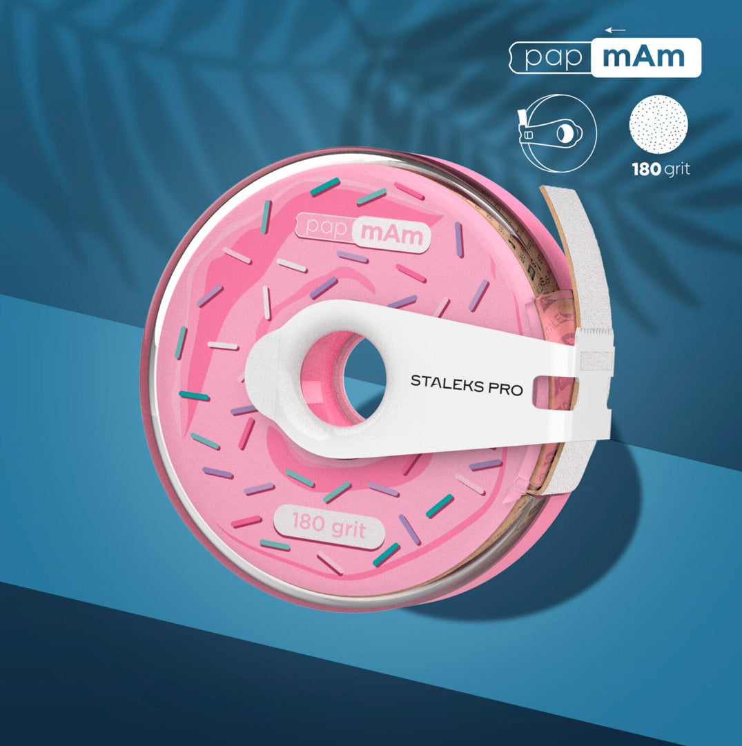 Pink donut-shaped 180 grit nail file refill roll Staleks Pro for manicure