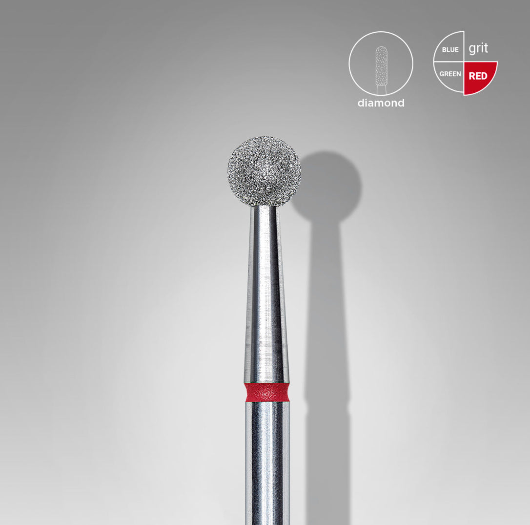 Diamond ball nail drill bit with red fine grit for manicure on grey background