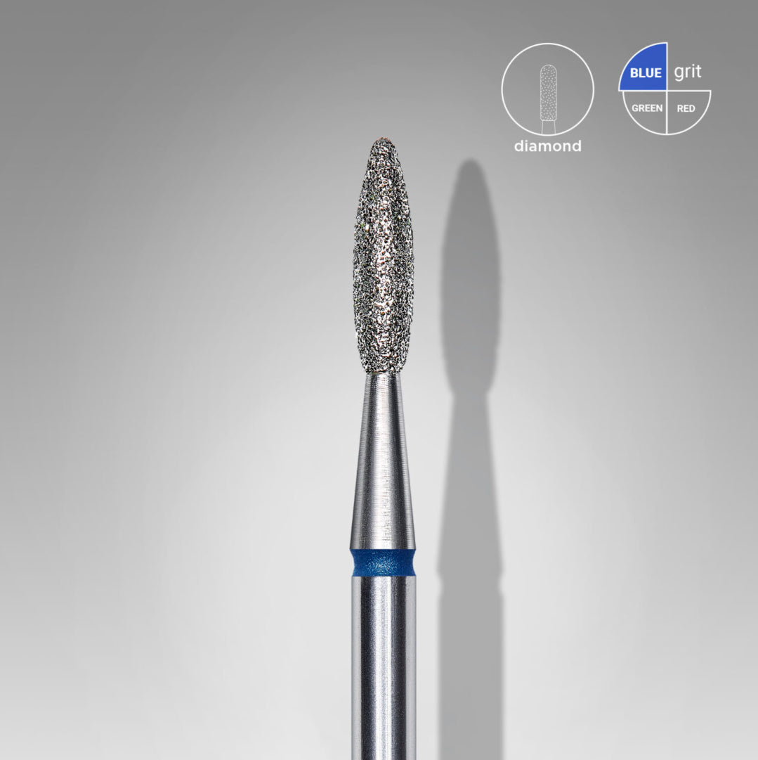 Diamond nail drill bit with blue grit for professional manicure on gray background