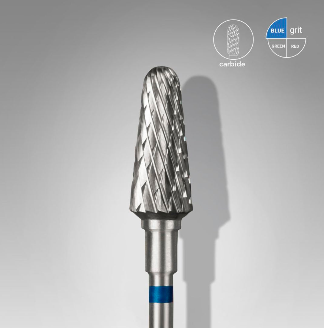 Carbide nail drill bit with blue grit band for manicure and pedicure on grey background