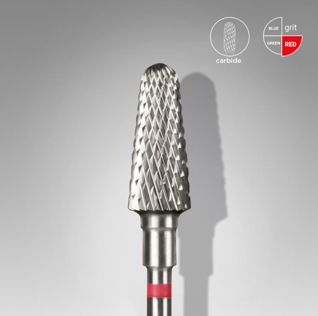 Carbide nail drill bit with red grit band for professional manicure and pedicure