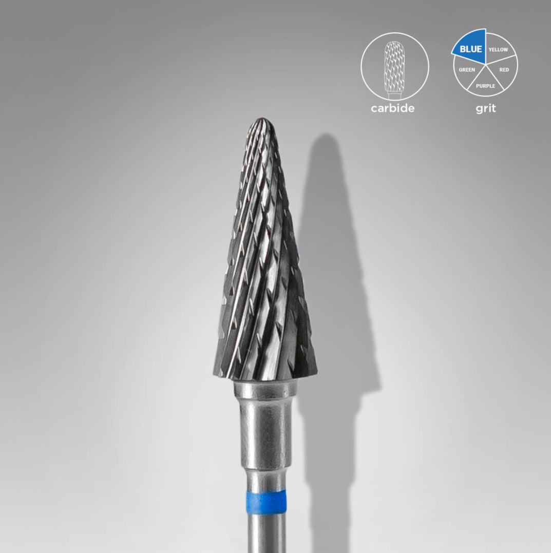 Cone-shaped carbide nail drill bit with blue grit band for professional manicure