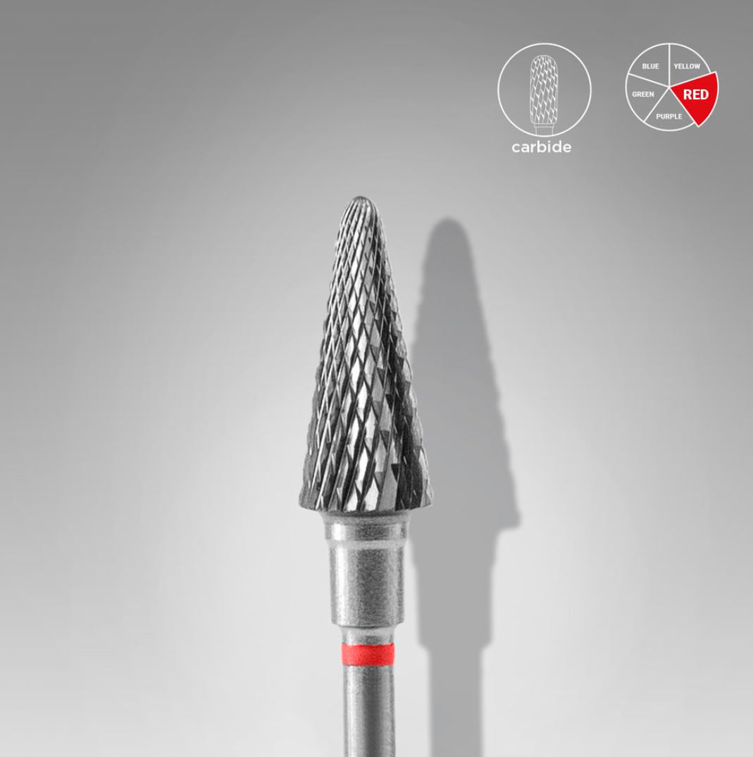 Carbide nail drill bit with red band for manicure and pedicure, displayed on grey background