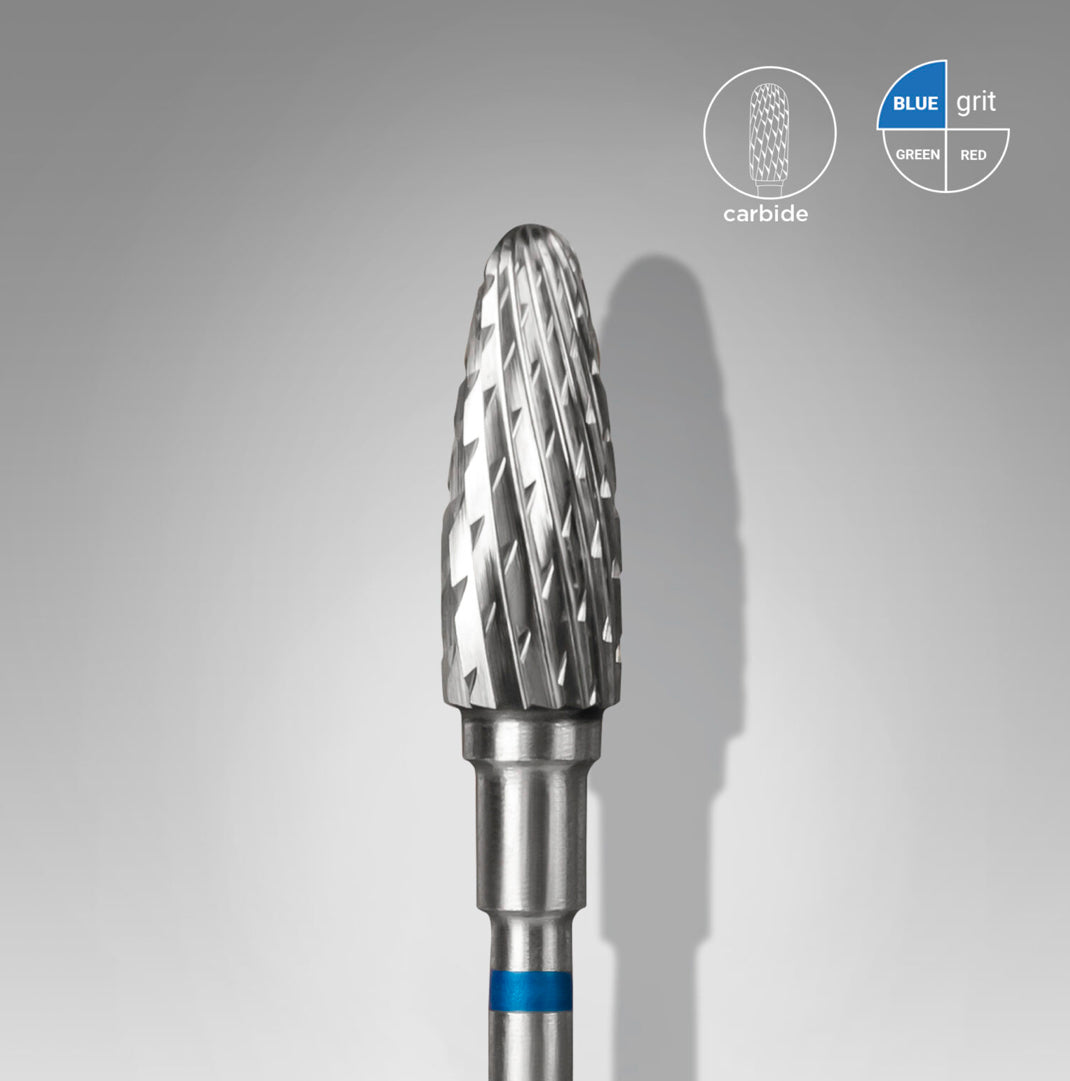 Carbide nail drill bit with blue grit, used for professional manicure and pedicure