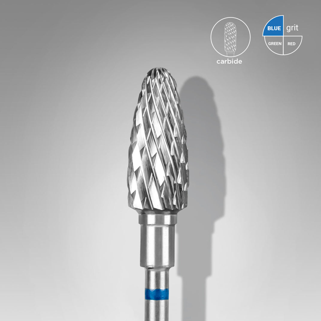 Carbide nail drill bit with blue grit, close-up for professional manicure tool.