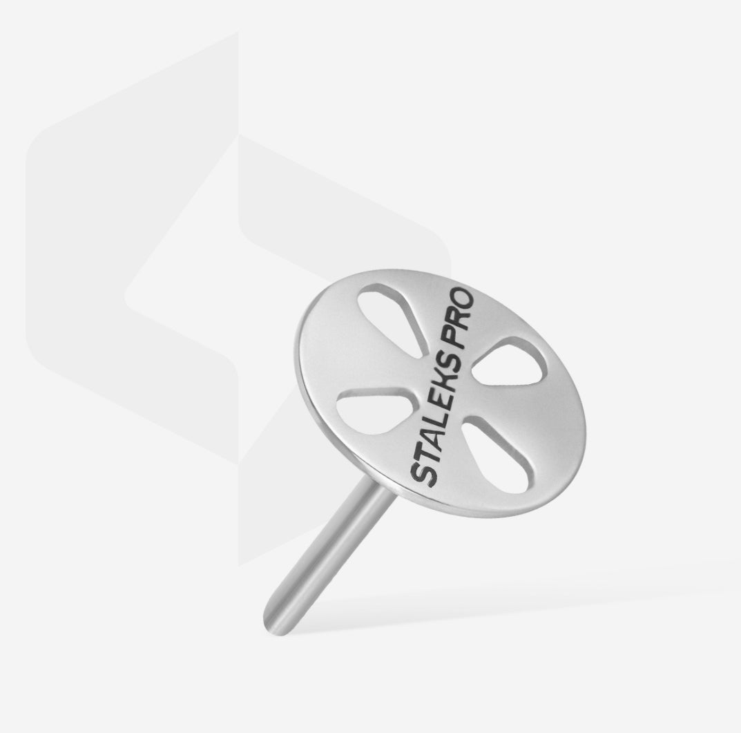 Stainless steel manicure tool holder with slotted round head, labeled STALEKS PRO