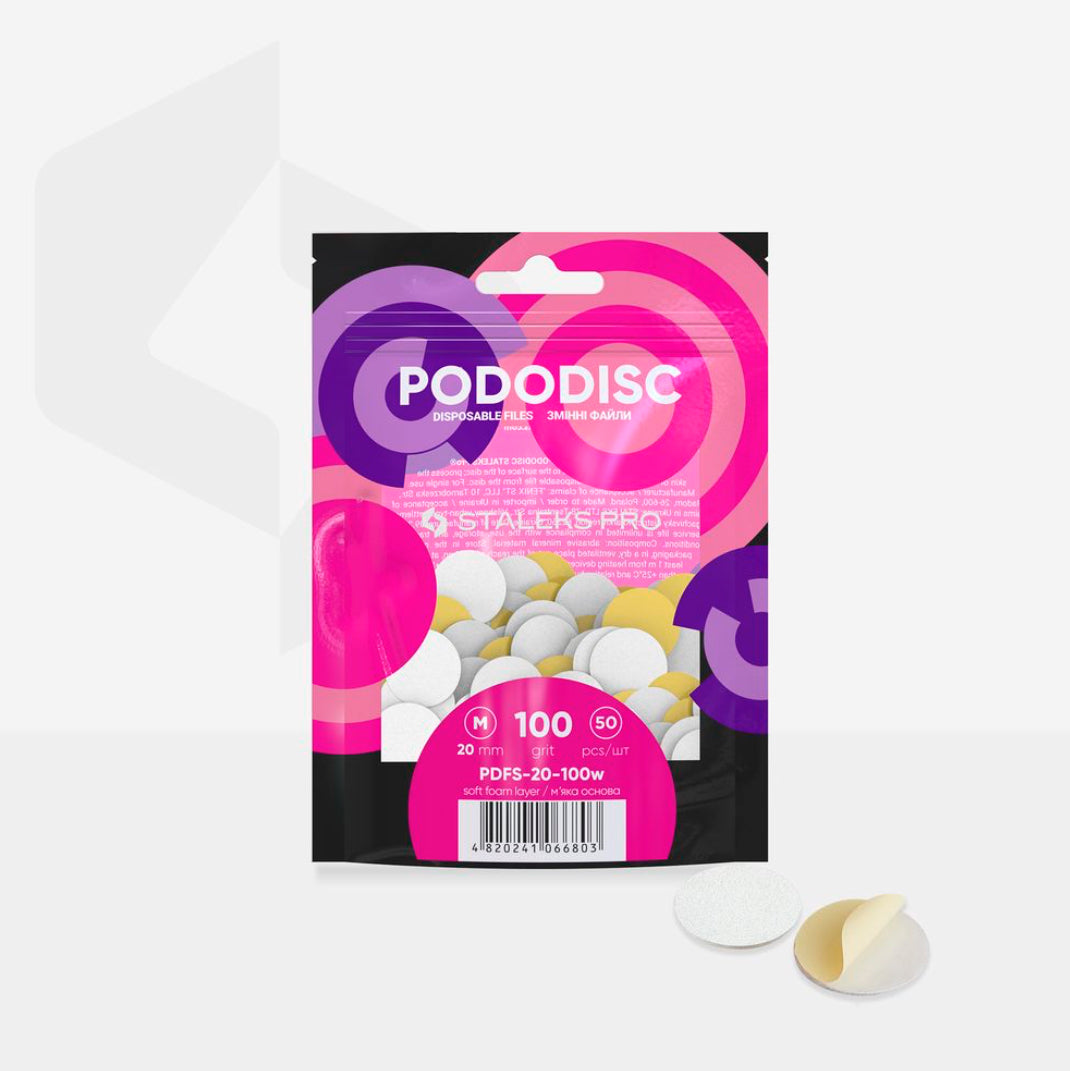 PODODISC disposable nail files pack with round white abrasive discs for manicure and pedicure.