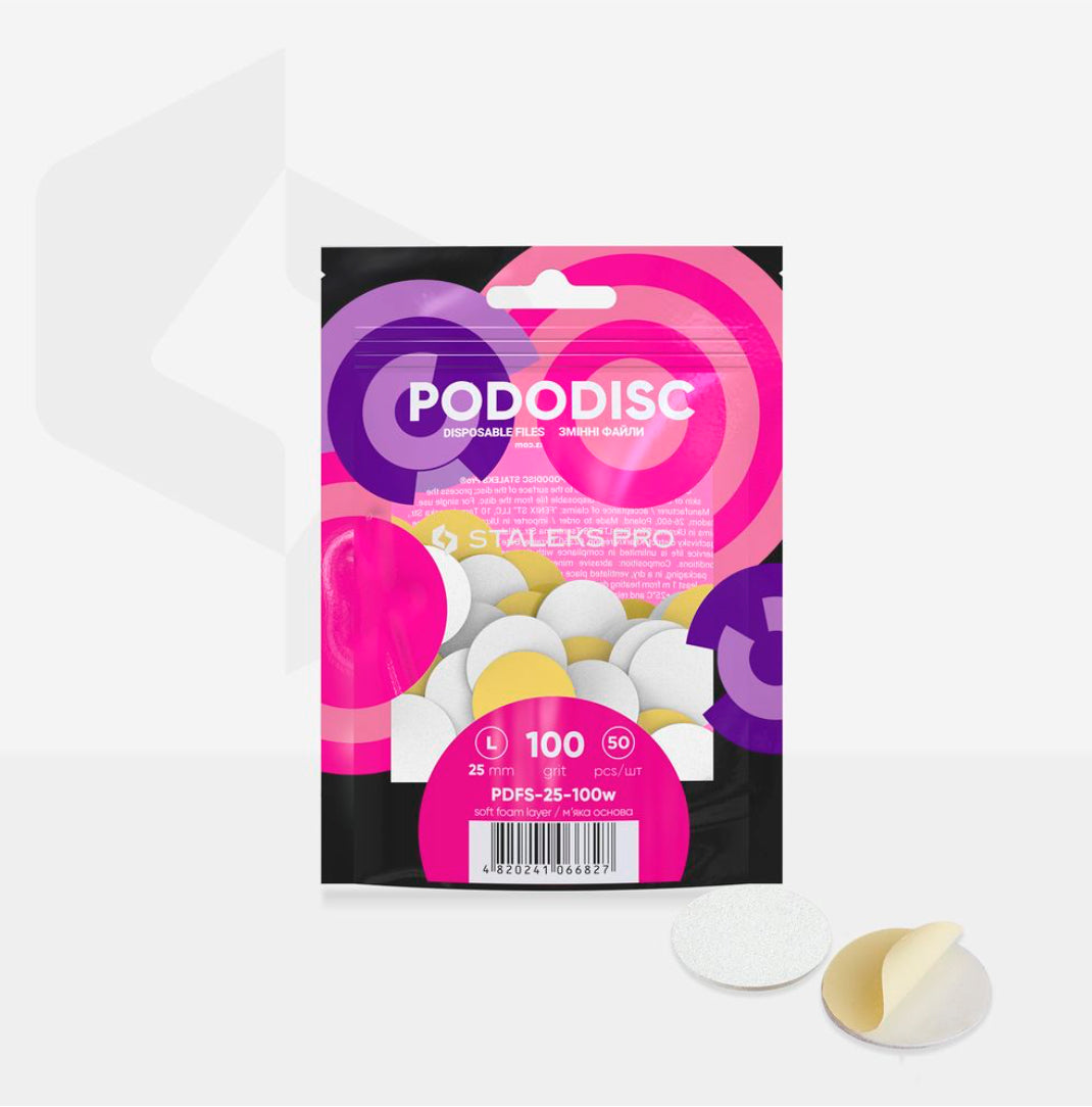 Pododisc disposable nail files pack for manicure and pedicure, 25mm 100 grit, 50 pieces