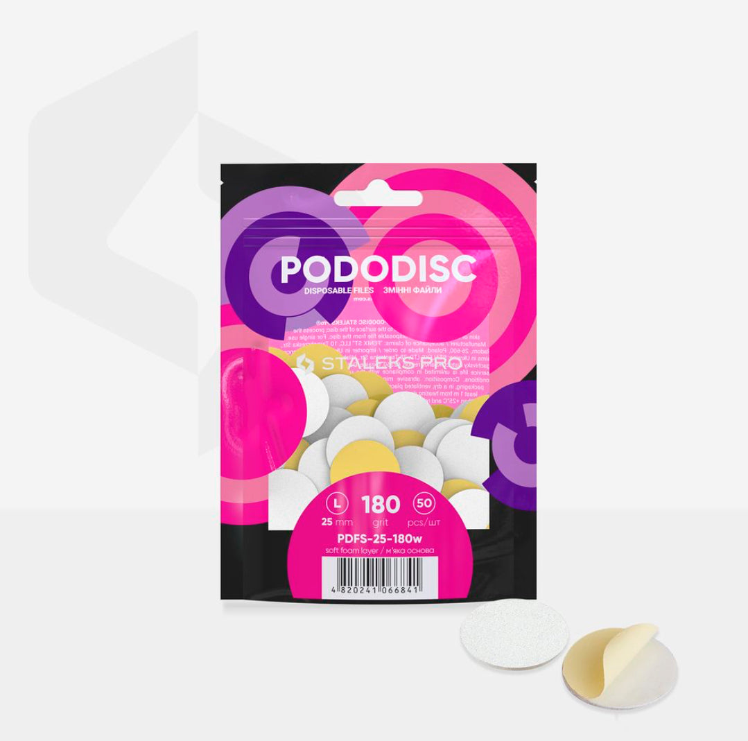 Pack of PodoDisc disposable nail files for pedicure, 180 grit, 25mm, with foam layer