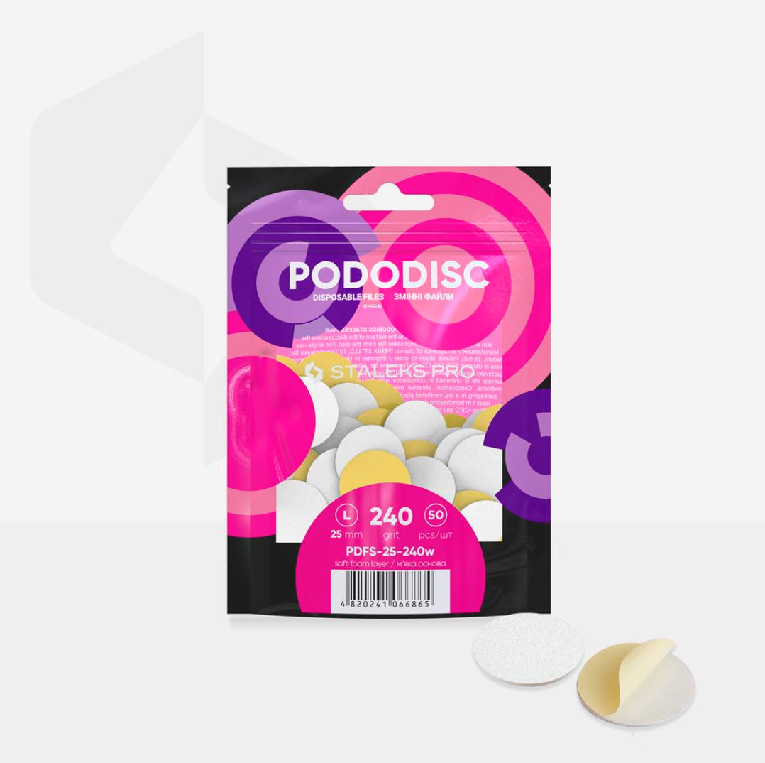 Pododisc disposable nail file pads for pedicure, 25mm 240 grit, 50 pieces, in colorful packaging