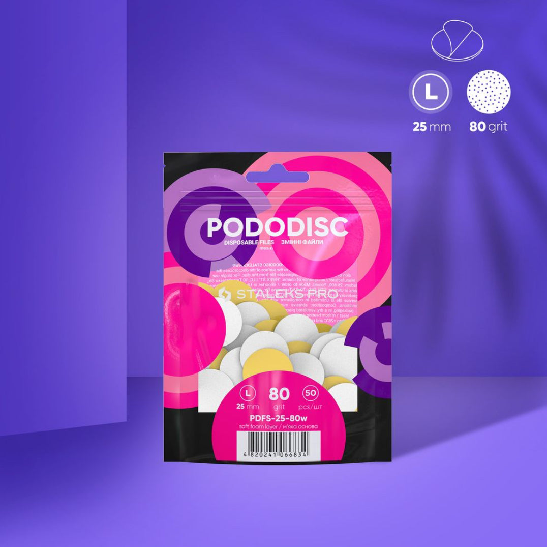 Package of Staleks Pro Pododisc disposable nail files, 25mm, 80 grit, on a purple background.