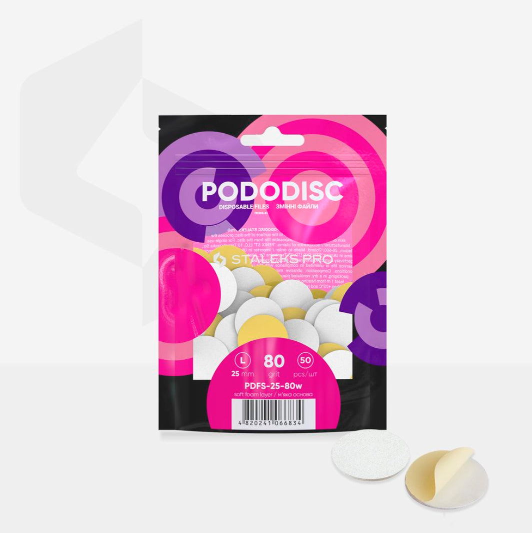 Pododisc disposable nail file refills for pedicure, 80 grit, 25mm, pack of 50