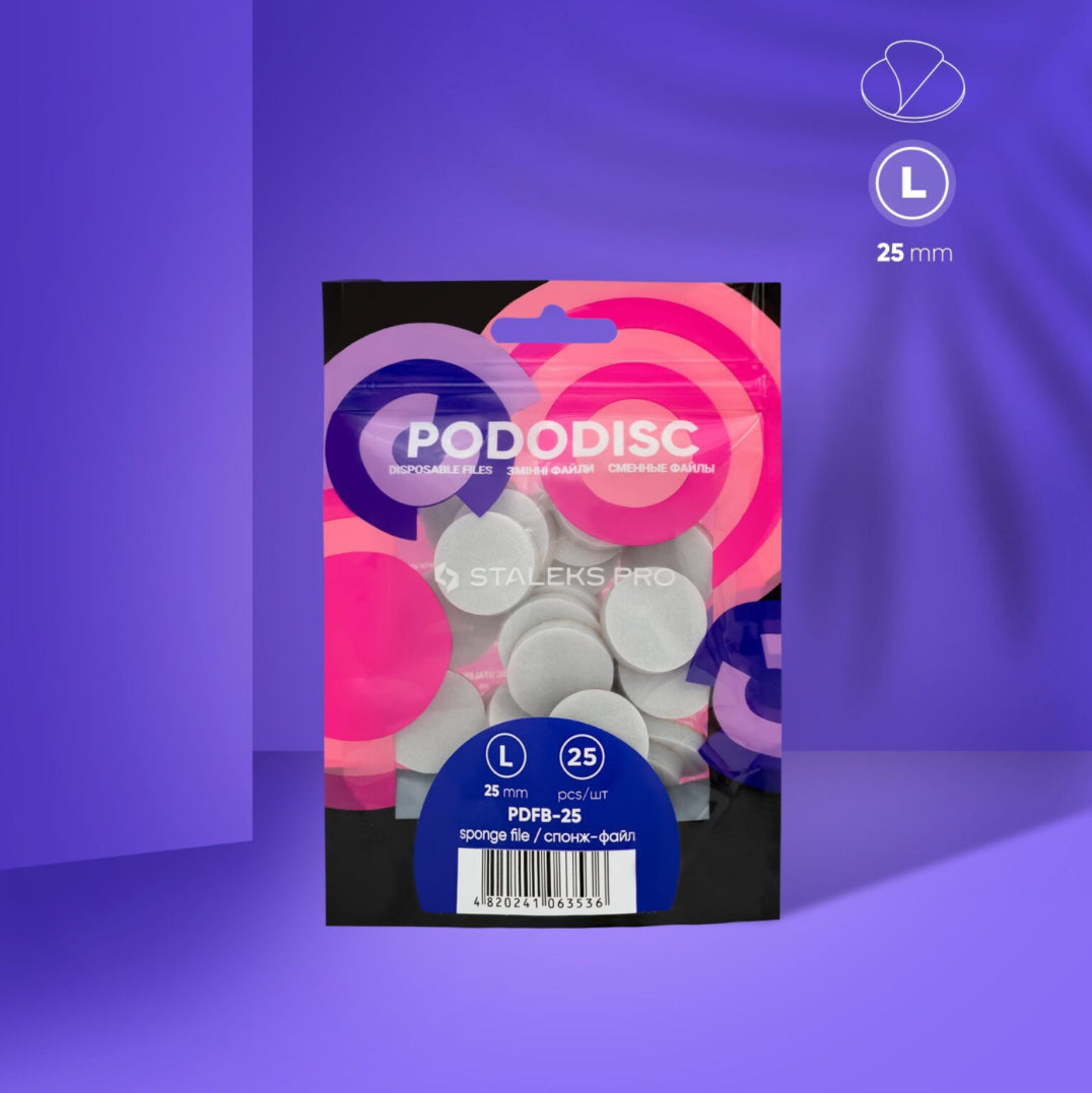 Pododisc disposable sponge files 25mm for pedicure, 25 pieces, in colorful packaging