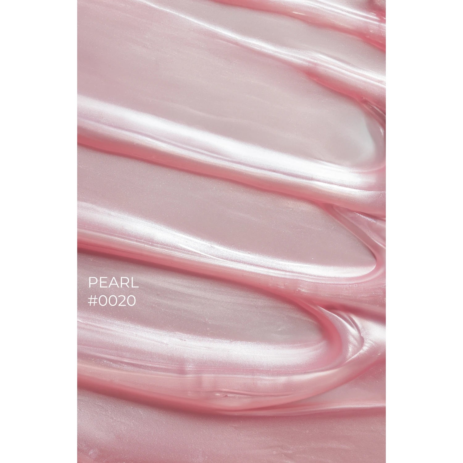 Shimmery pink pearl nail gel texture, labeled PEARL #0020, manicure product closeup