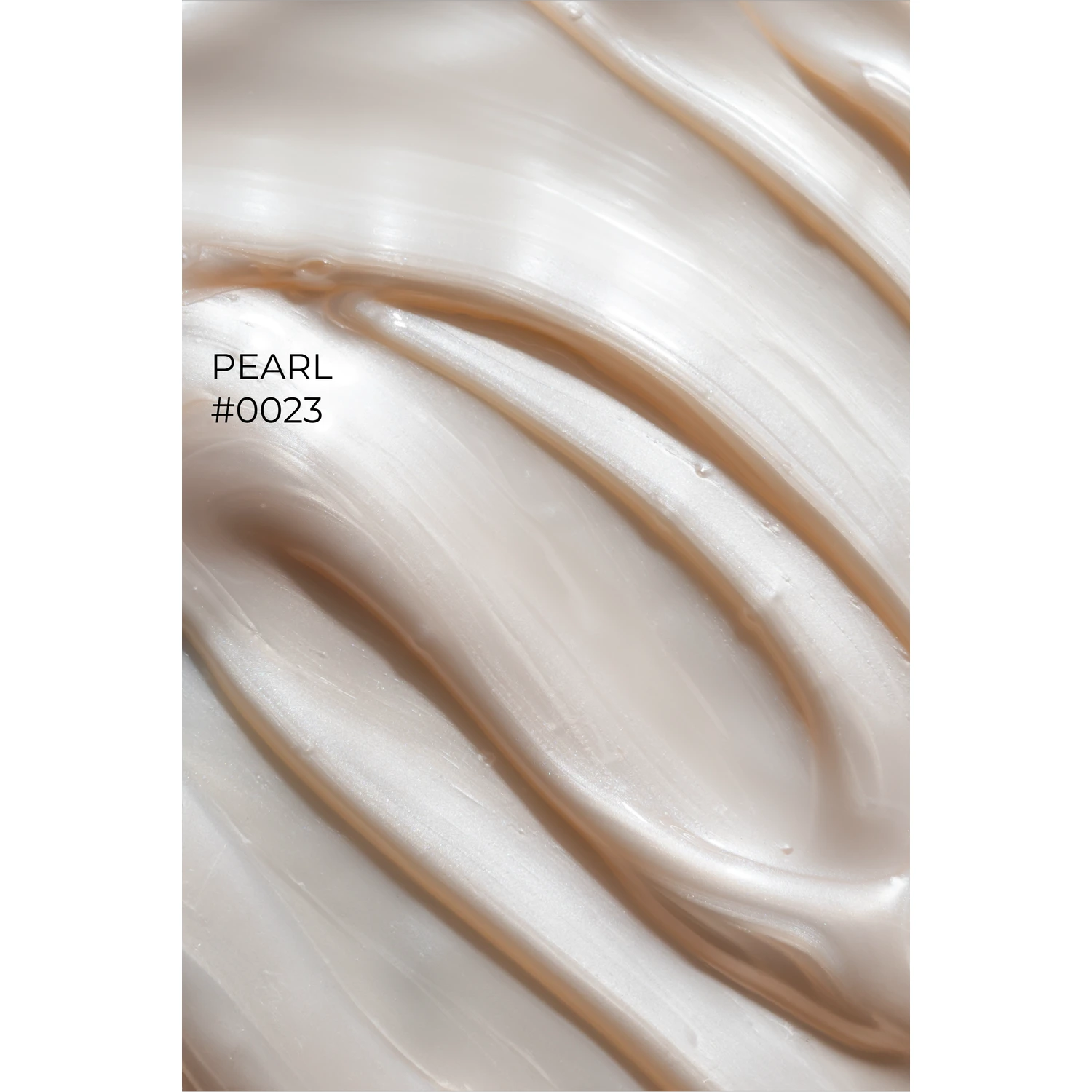 Close-up of creamy pearl gel nail polish texture, labeled Pearl #0023, with shimmer.