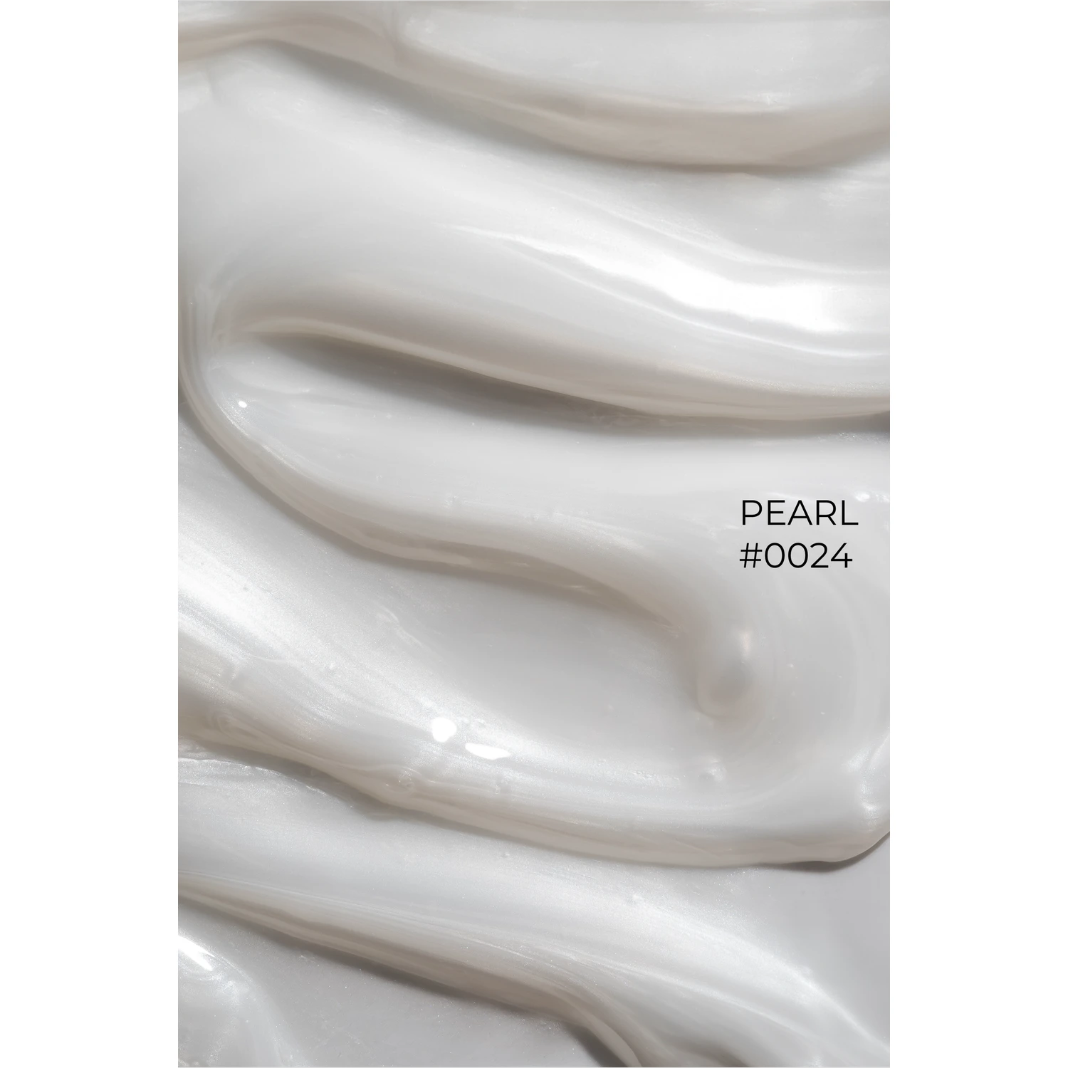 Swatch of pearlescent white nail gel polish labeled PEARL #0024, glossy texture close-up.