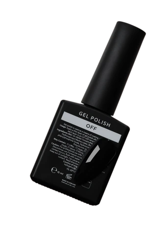 Black bottle of gel polish remover on white background, professional nail product