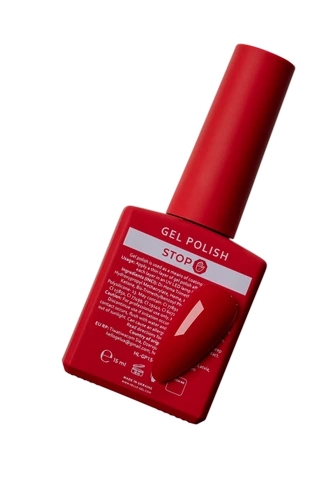 Red gel nail polish bottle with a matching color swatch, professional manicure product
