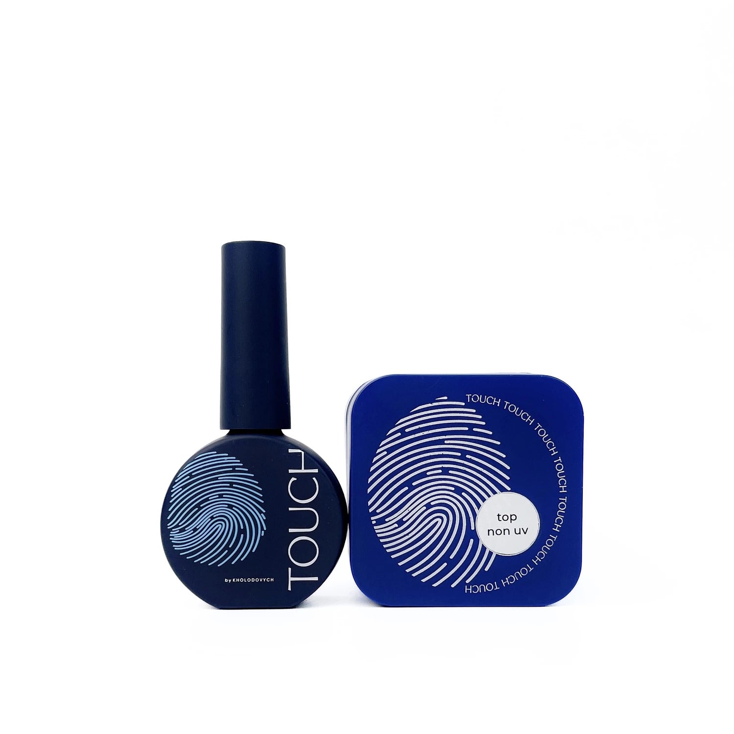 Blue TOUCH non UV top nail polish bottle and matching box with fingerprint design