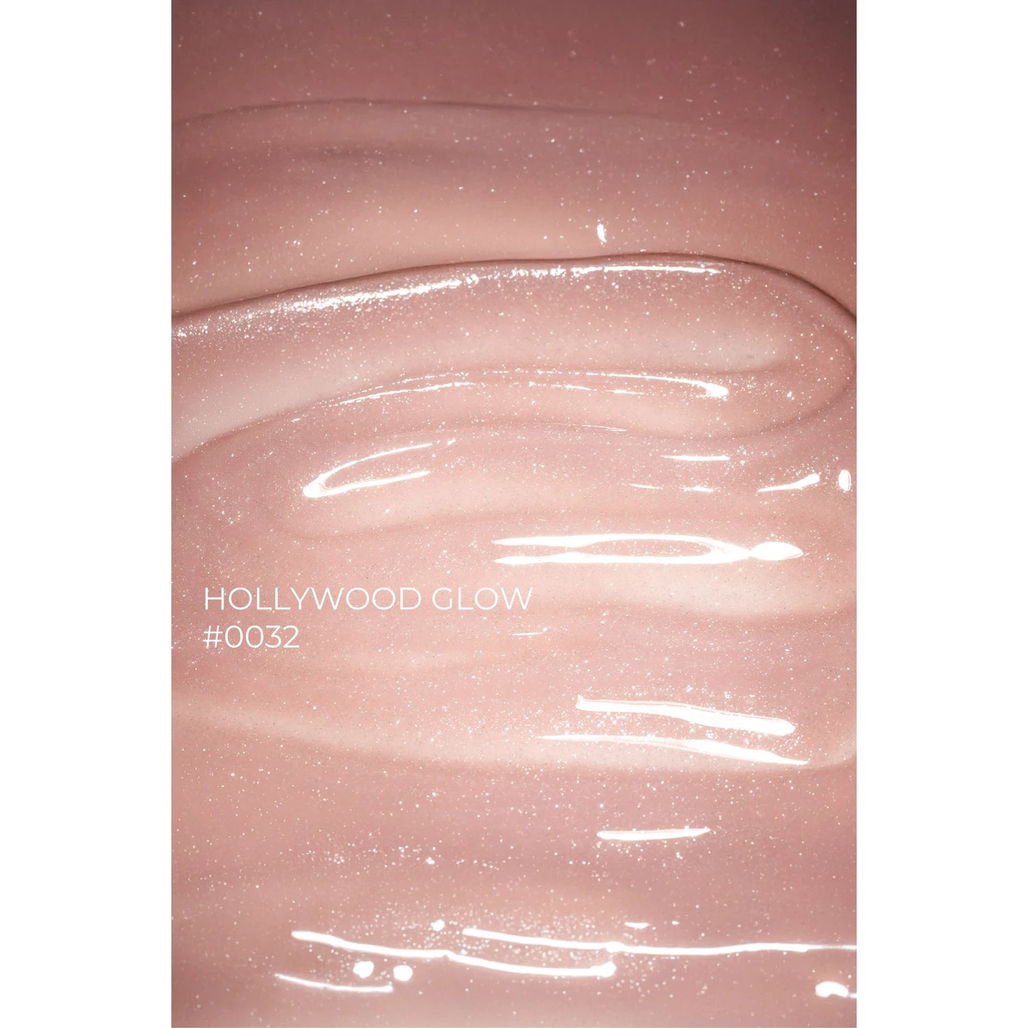 Shimmery nude pink gel polish with glossy texture, labeled Hollywood Glow #0032
