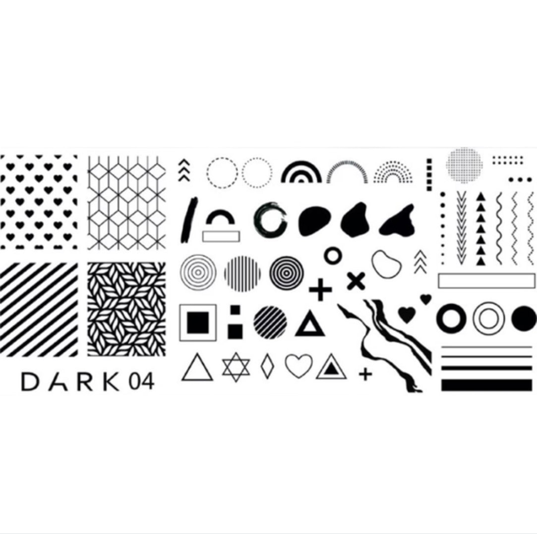 Black and white geometric nail art sticker sheet with hearts, lines, circles, and abstract shapes.