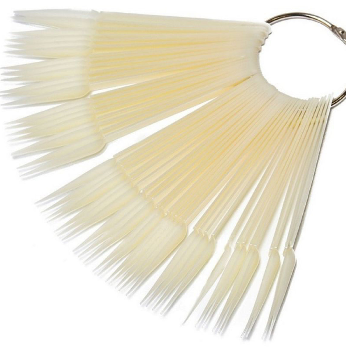 Fan-shaped nail tip display sticks on a metal ring for manicure nail polish samples