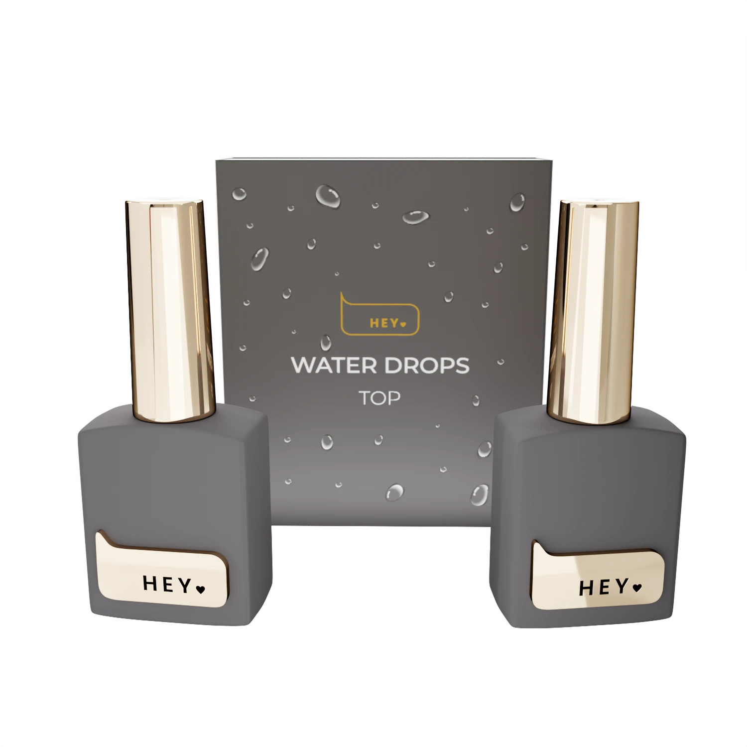 HEY Water Drops Top gel polish bottles with gold caps for manicure, set on black box background.