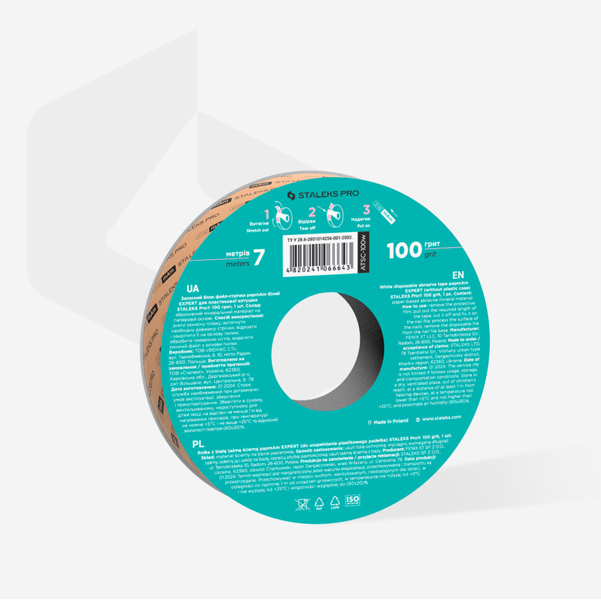 Staleks Pro disposable abrasive tape roll, 100 grit, 7 meters, nail file accessory