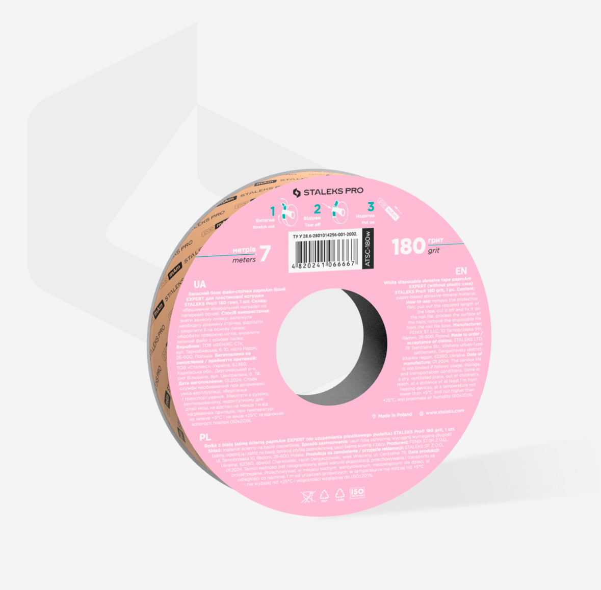 Pink roll of STALEKS PRO 180 grit abrasive tape for manicure and nail care, 7 meters.