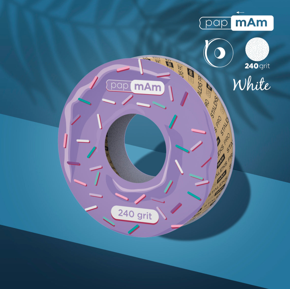 Purple donut-shaped 240 grit nail file sanding roll with sprinkle design for manicure