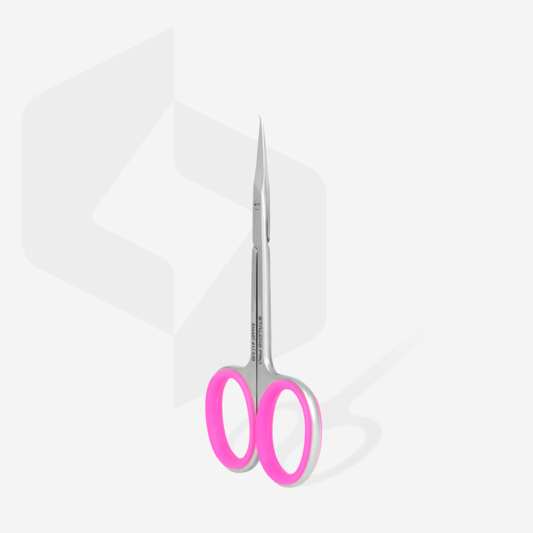 Stainless steel cuticle scissors with pink handles for manicure and nail care