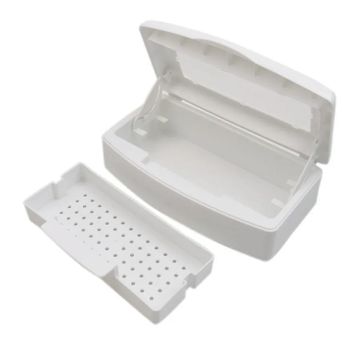 White plastic sterilization box for manicure pedicure tools, open with removable tray