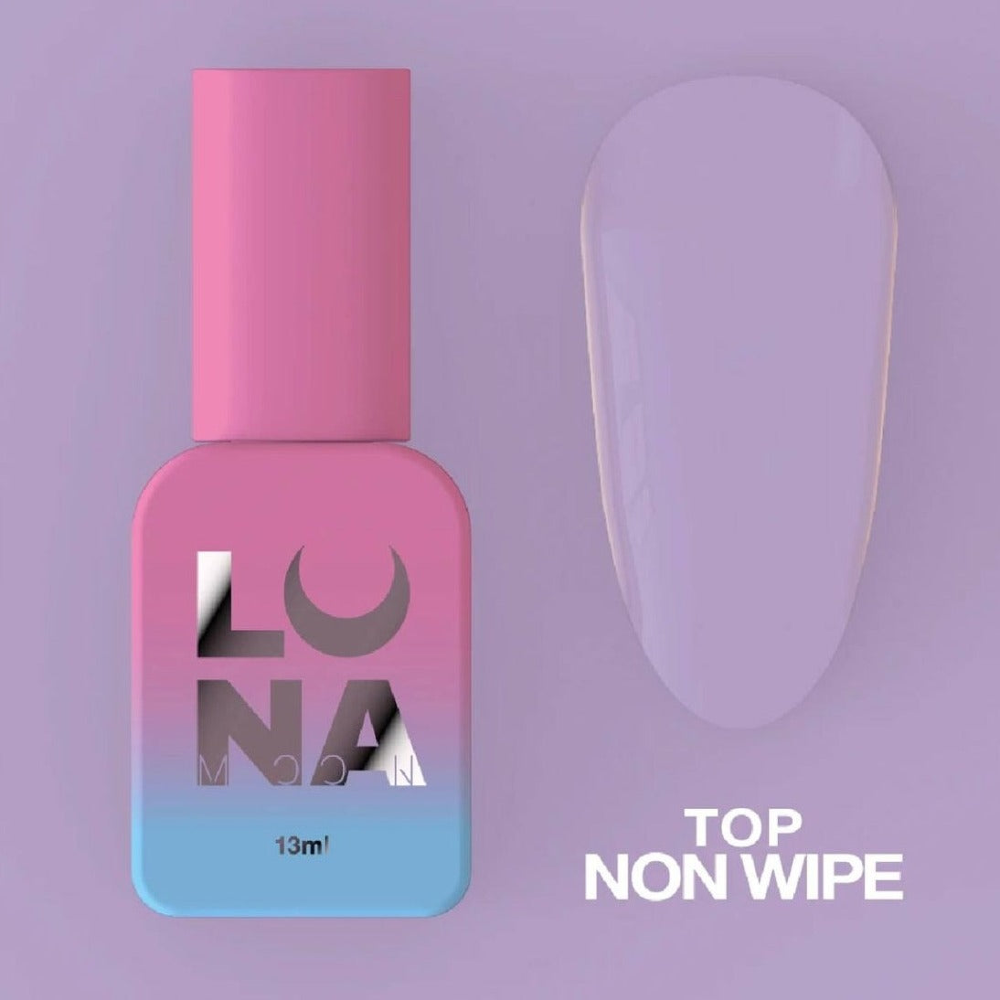 Pink and blue Lona Moon top coat nail polish bottle with glossy swatch, non-wipe gel finish