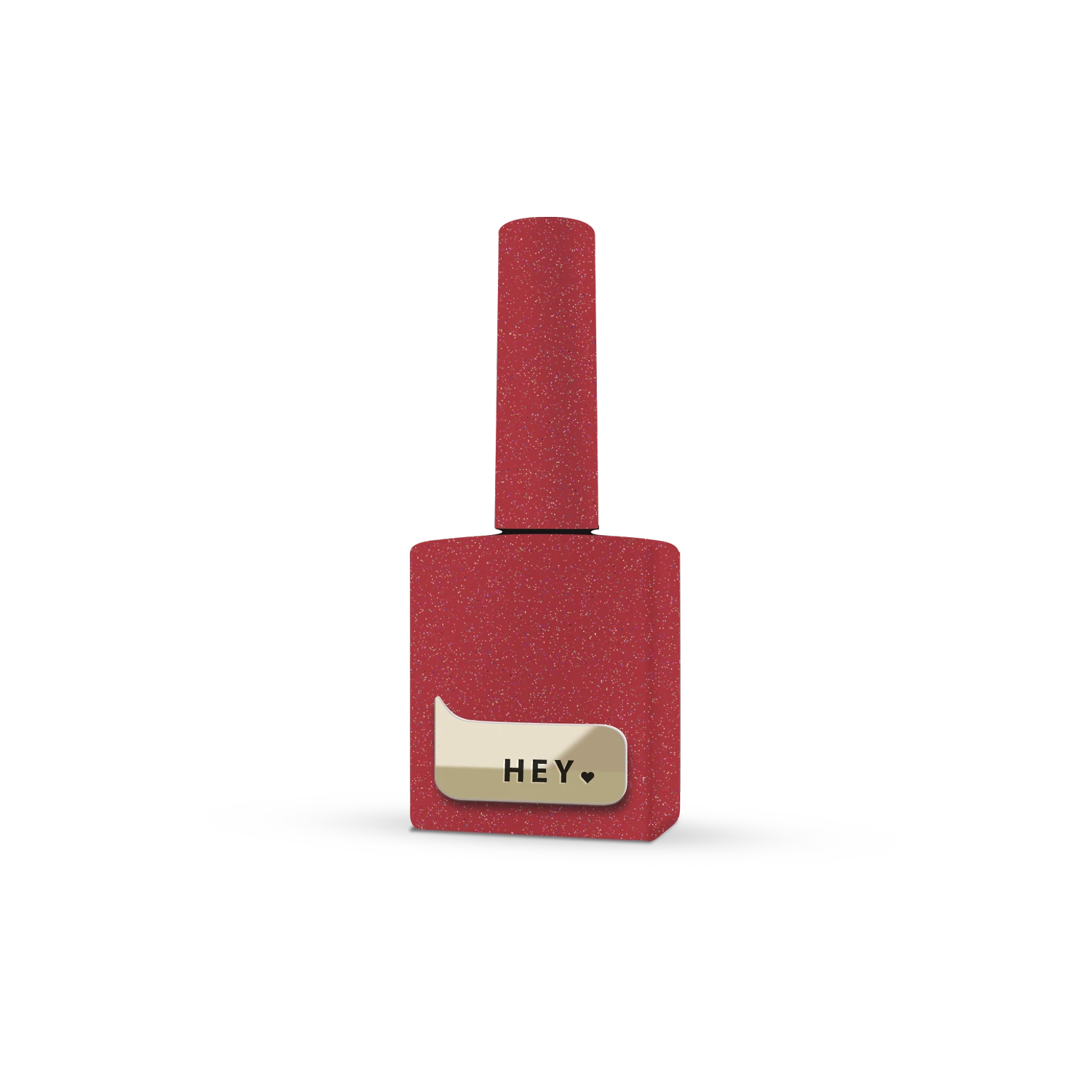 Infrared red gel nail polish bottle with glitter finish and gold label on white background