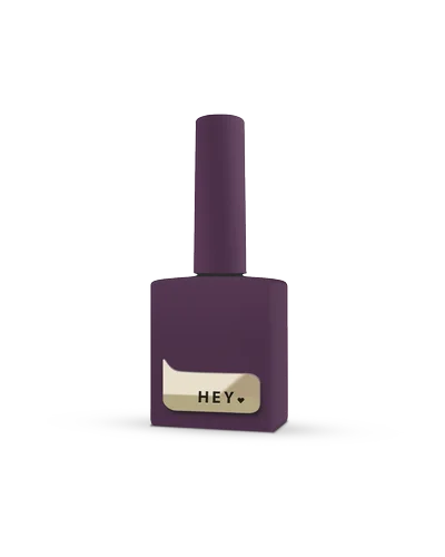 Purple nail polish bottle with 'HEY' label on a white background
