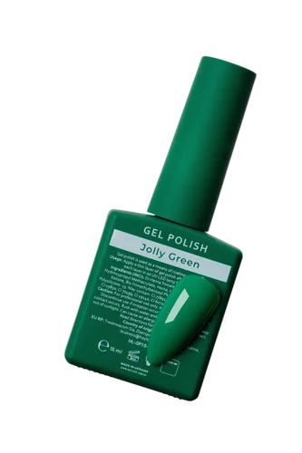 Jolly Green gel polish bottle with green manicure swatch, professional nail product