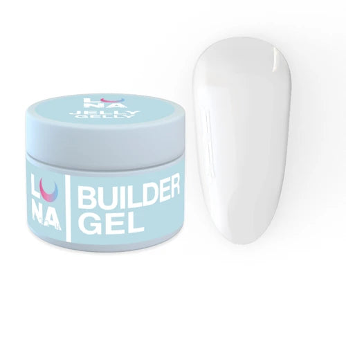 Light blue builder gel jar and white nail sample for manicure and nail extension