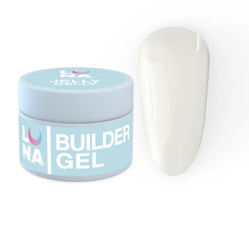 Light nude builder gel for nails in a jar with gel color swatch beside it