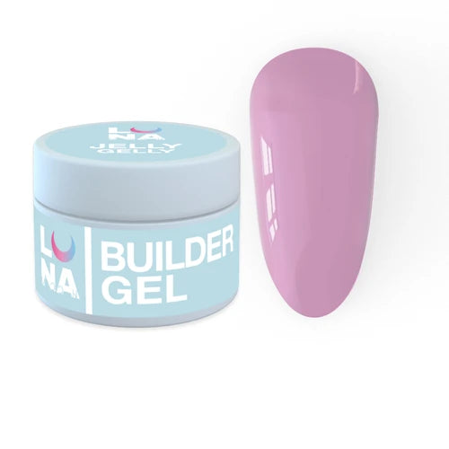 Pink builder gel for nails in a jar with sample swatch, professional nail product