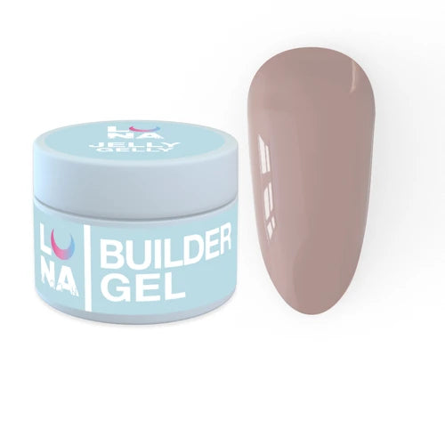 Builder gel jar with nude jelly gel nail swatch for manicure