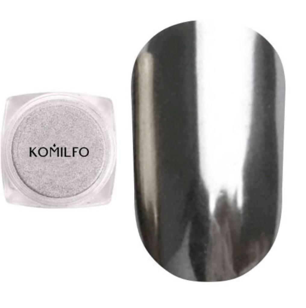Silver mirror nail powder next to a chrome manicure sample for nail art.