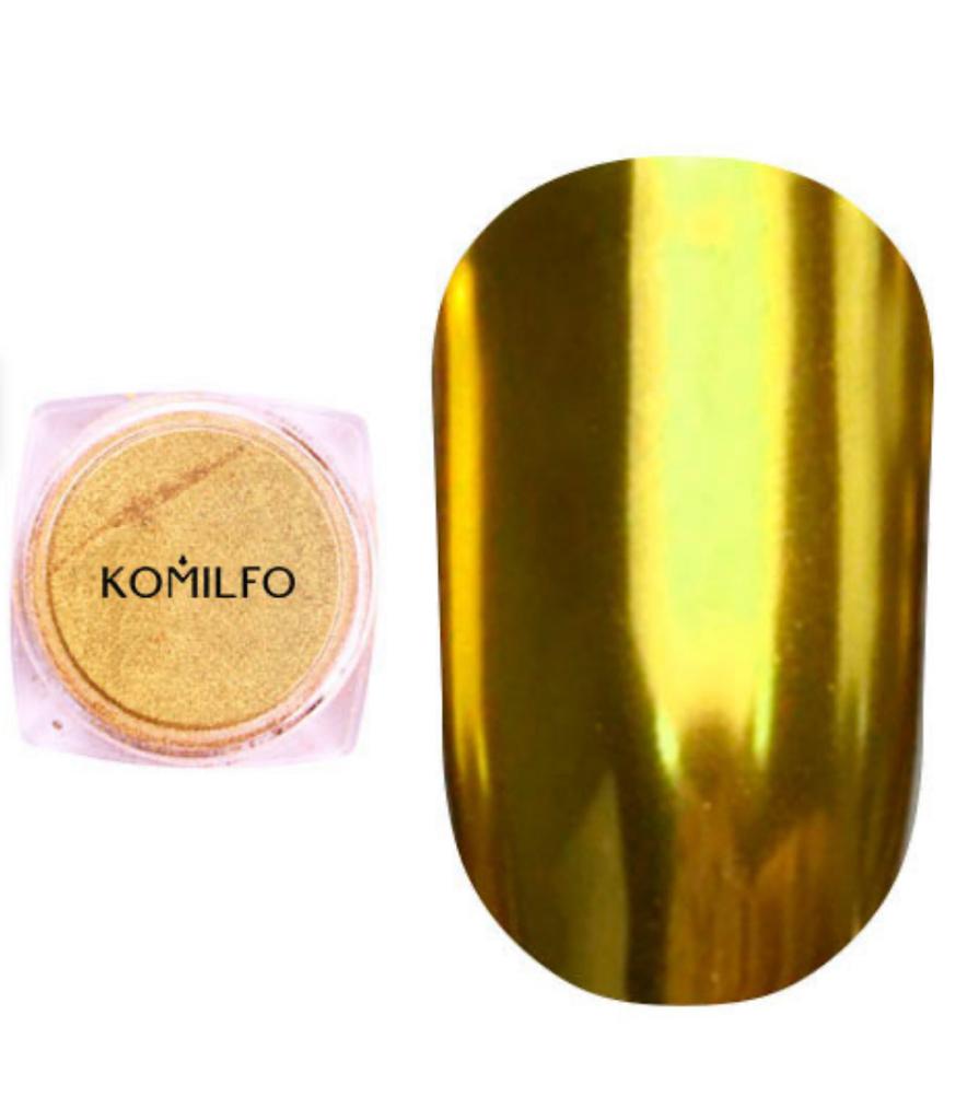 Gold chrome nail powder in a clear jar and metallic gold nail sample for manicure