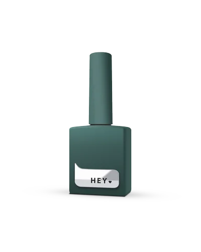 Dark green gel nail polish bottle with 'HEY' label, ideal for manicures and nail art.