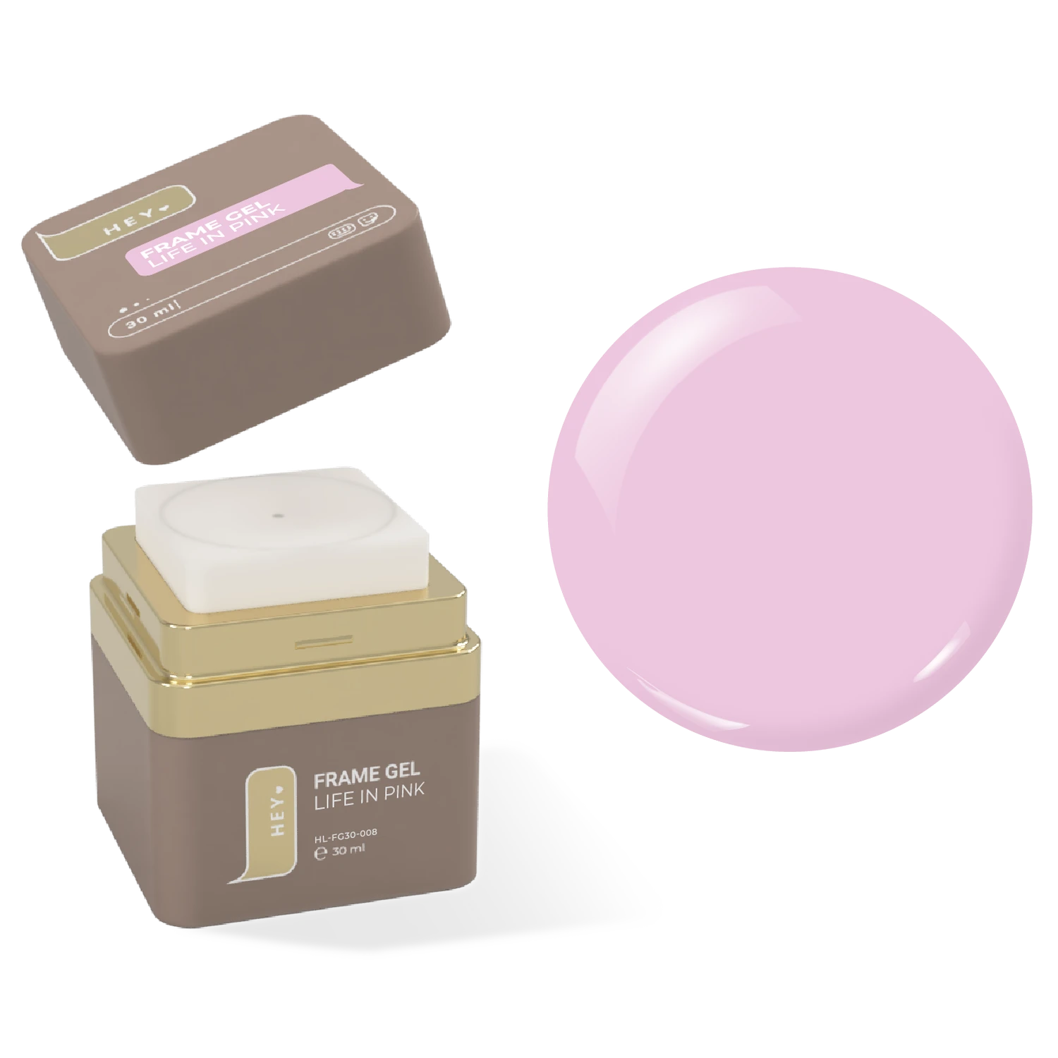 Pink UV gel nail polish jar with lid and glossy light pink gel color sample