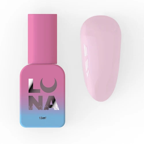 Pink and blue bottle of UV nail acrygel with a glossy pale pink nail swatch