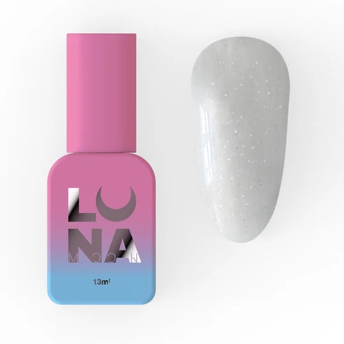 Pink and blue LUNA nail gel bottle with a swatch of white glitter UV gel polish